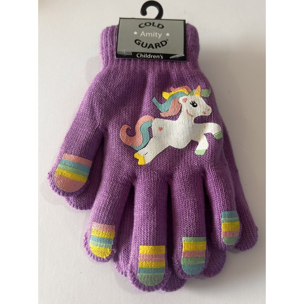 Amity Cold Guard Girls Unicorn Fashion Knit Gloves Purple Pastels 5.5" New!